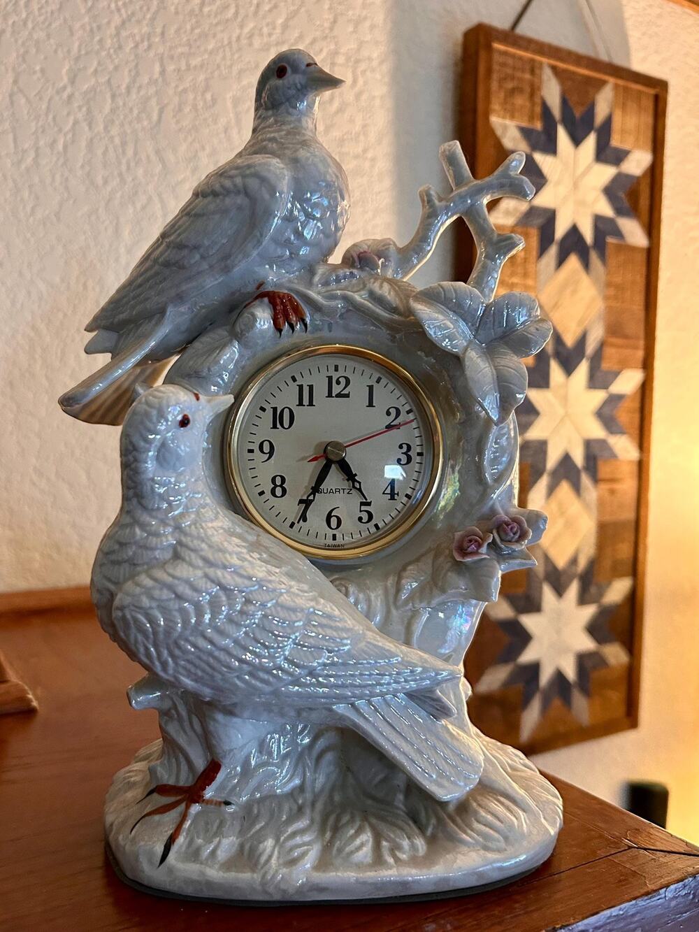 Vintage Eleco Ceramic Dove Clock, Victorian Pink Roses, Working Mantel Clock